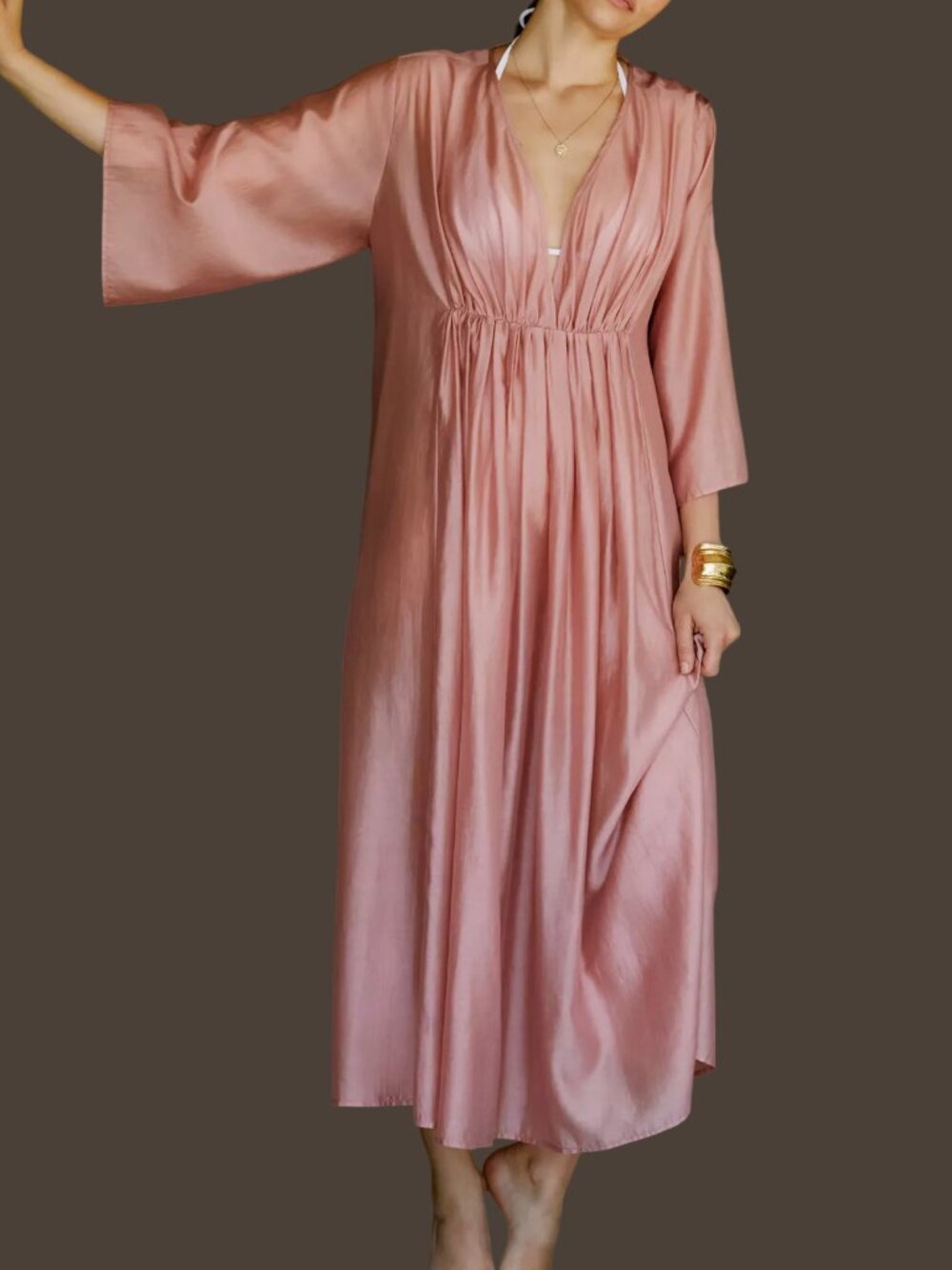 Anthropologie Deep-V Cinched-Waist Kaftan Maxi Rose Pink / One Size